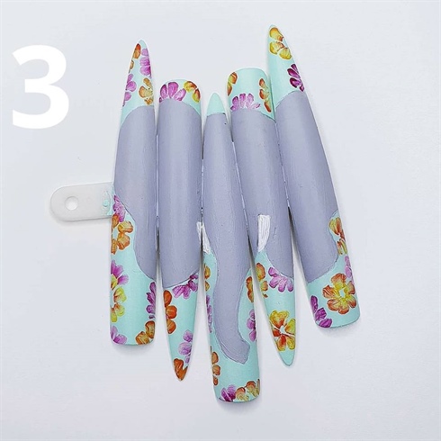 Use the one-stroke method to make the beautiful flowers in the background, with acrylic paint.