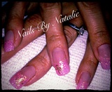 Pink shimmer tips with gold bow detail