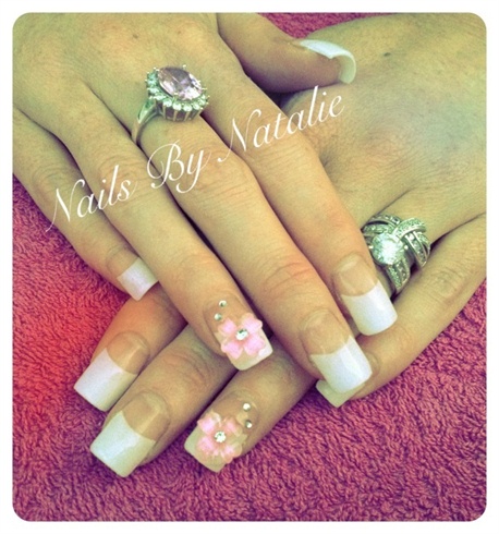 French tips with 3D flower &amp; gems