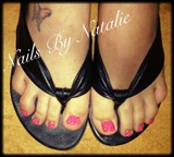 Coral pink gel toes with shimmer overlay