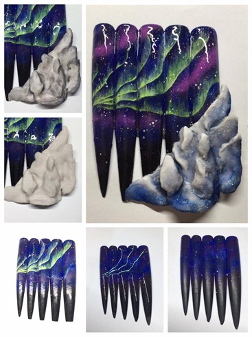 To create the northern light sky line, I used gel polishes and acrylic paint.  I buffed and painted five nails tips in black gel polish and cured it for 30 secs.  I then added different shade of purple, blue and pink to create the magical night sky.  \nFor the aurora that glows in the sky, I blended white,  fluorescent green and yellow gel to the background . \nI also made the snow mountain with beige, white, grey, light blue and dark blue acrylic and CND additives to give it the snow effect. I applied different layers of acrylic and moulded it to give dimension follow by shading it with blue, grey and white acrylic for definition .