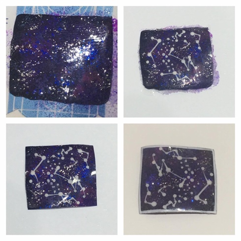 The constellation map was made out of gel. I painted several layers of black gel polish onto a piece of form paper and cured in between for 30 seconds.  I then shaded the map with with blue, purple gel and glitter to add depth. To complete the constellation map, I used a small amount of white gel and a dotting tool.  I carefully plotted the dot to create the galaxy and then connected the line together, and finished it off with a gel top coat.