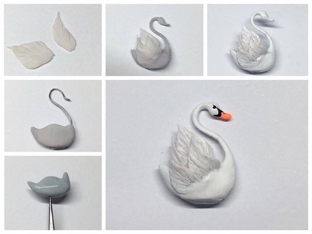 The Swan was created by using a small amount of blu tac,  white acrylic and gel several polishes. \nI started off by moulding the blu tac to form the body of a swan.  I then use a wire to create the neck and coated it with gel and white acrylic. \nI followed this by creating tiny little feathers and attached them individually onto the swan. To complete the swan, I painted it with white gel polish, cured for 30secs  and followed by detailing the swans' eyes and beak using black and orange gel polish.