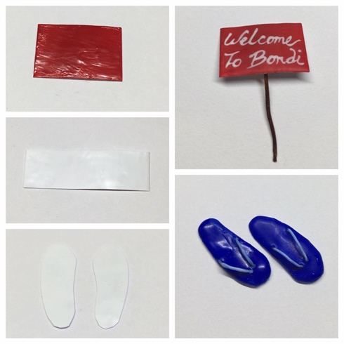 he Bondi sign and flip flops (sandals)\n1. I painted three coats of white gel for the base of the sign, curing in between layers.\n2. I then covered it with red gel polish.\n3. I wrote (Welcome to Bondi ) with white gel polish and added a small piece of wire for the stand, and covered with brown gel.  \nFlip flops \n1. Using the remaining sheet of white gel I made earlier, I cut the sheet into a pair of flip flops. \n2. I painted the flip flops with dark blue gel polish and adding a small wire that I covered in light blue gel. I then added a matte top coat for finish.