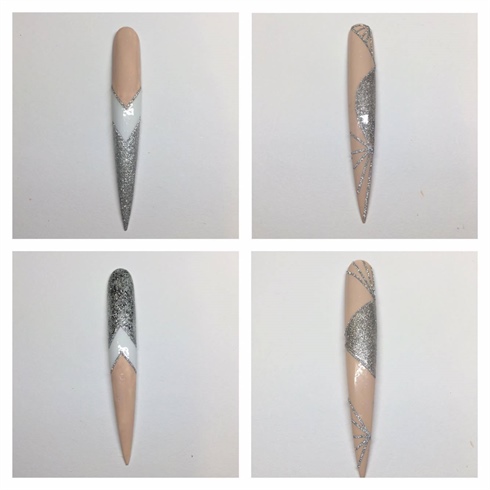 I used small glitter tape to create sharp and clean lines to offer the illusion of a machine made process.  I carefully cut small piece of tape and added this to the nails as shown in the picture. 