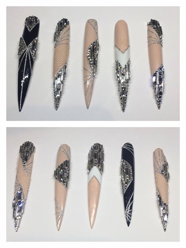  Using glue and gel, I placed a selection of carefully selected Swarovski crystals on the nails on the section that I drew earlier.  This emphasises further the machine (Machina) made process.