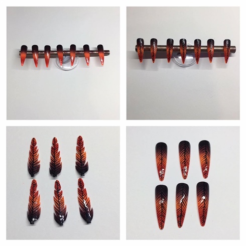 Using yellow, orange, red, maroon and black gel polish, I layered the colour as shown in the pictures. \nI Carefully dapped the sponge onto the gel colour layout, then gently dapped the gel colour onto the small tips.  I then repeated the same process until the colour was smooth and applied a non sticky top coat before adding further feather details and then cut out. \n