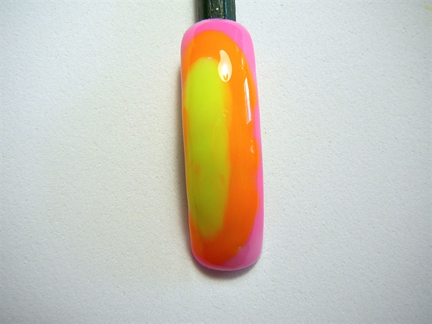 #1 Apply Amore Neon Yellow, Neon Orange and Neon Pink gels. Fade them, cure.