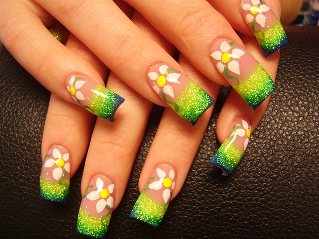 Black and Green Floral Nail Design - wide 7