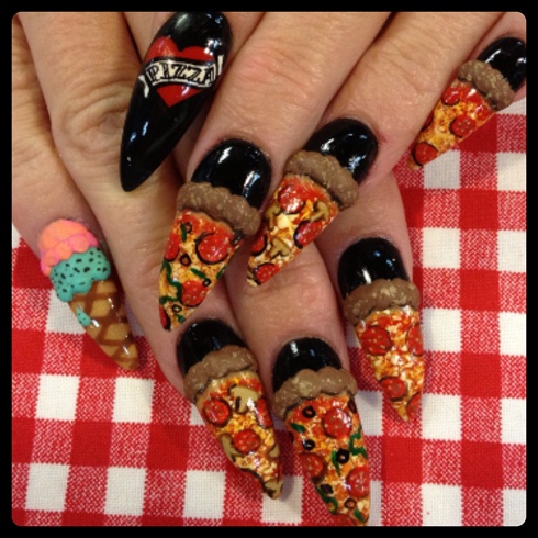 3-d pizza nails ( with ice cream )