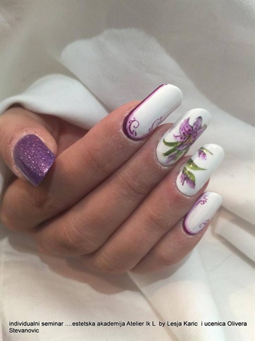 Purple white floral nails