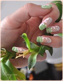 Pink Flowers on green french manicure