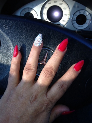 Red Stiletto Nails With Rhinestone 