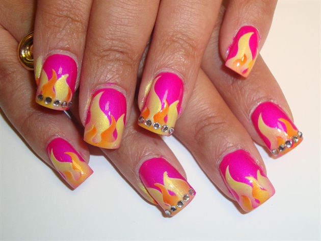 pink nail art w flames