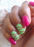green, pink and strip mani