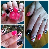 Nail Art : Black, white and pink nails. 