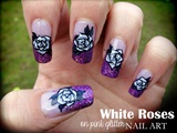 White Roses on Pink Glitter nail art