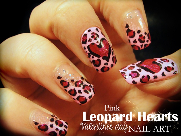 Pink Leopard Hearts nail art