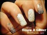 White Roses &amp; Glitter nail art