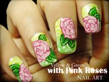 Yellow &amp; Green with Pink Roses nail art