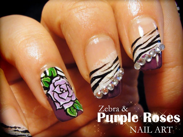 Zebra &amp; Purple Roses nail art