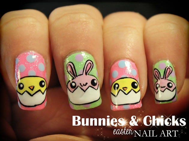 Bunnies &amp; Chicks Easter nail art