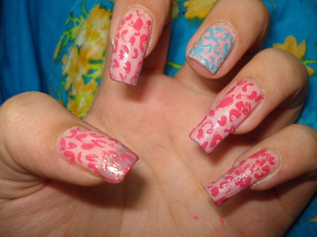 Pink n Blue Leopard Nail design