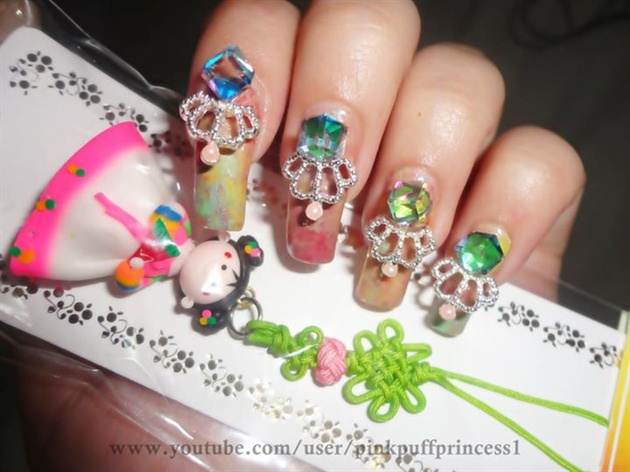 Pastel Marbling Jewel Nails