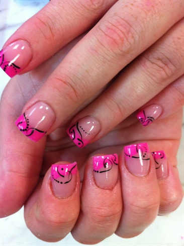 Hot Pink French w/ Black lines &amp; dots
