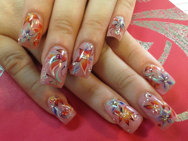 Pink nails w/ red &amp; blue flowers