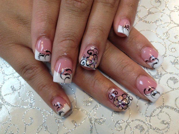 French tips w/ black lines &amp; cute flower