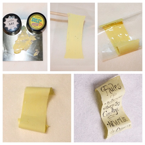 1. To create the scroll of rules I mixed Presto Gel in white and Tokyo Swag Yellow over a peice of Cellophane in a long rectangle. Very carefully I rolled the ends and cured.\n2. with a detail brush I wrote out the rules and let it cure.\n3. i the fished up with Matte Top coat.  