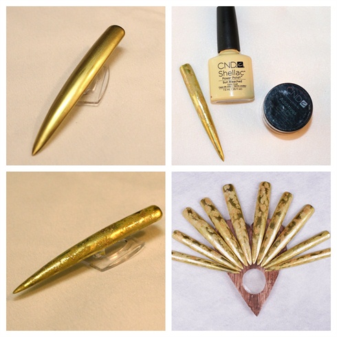 1. On the tips I used a gold Metallic Gel.( Cure)\n2. I then sponged on some CND 'Shellac Sun Bleached., (cure)\n3 I applied CND Additives Gilded Gleam to create dimention. \n4. I cured my top coat and fassend my tips to the Planchette with Akz'entz Shine-on.