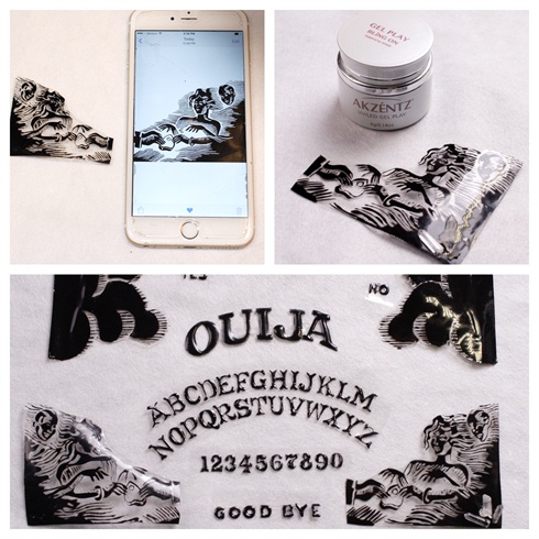 I used the same technique for all of the above. \n\nIt was important for me to have the exact same images that are on the Ouija borad.  I used my cell phone to capture and trace the image by securing cellophane to my phone and tracing the image with black gel.\n2.I then Fastened my images, numbers, and letters with Akz'ents Bling-on and Shine-on. 