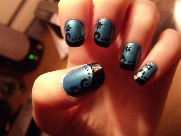 Flowers and swirls on blue