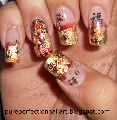 Asian Red &amp; Gold Leaf Acrylic Nail Art