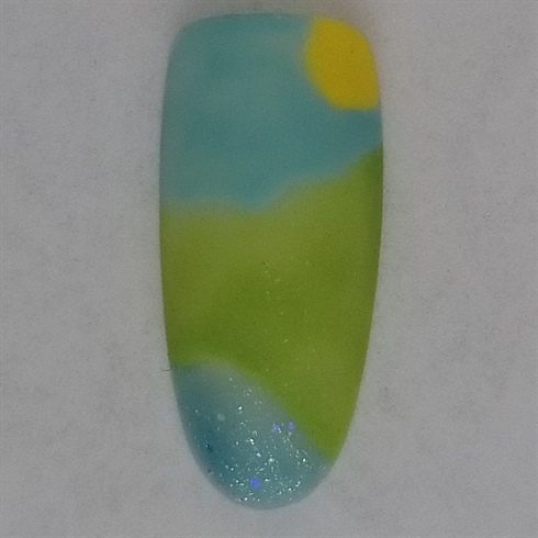 1. Design sun, pond, sky and pasture with gel polish; curing between colors depending on self preference. Apply matte top coat to sky and pasture areas, cure.\n