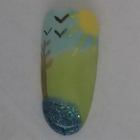 2. With gel polish, add sun rays and cure. Add birds, tree trunk and pond ripples with art paints; let dry. Apply a second coat of blue gel polish (with or without shimmer or sparkle) on pond, cure. Apply shiny top coat to sun, sun rays and pond, cure.\n