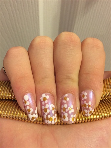 Gold, Pink And White Flower Nails