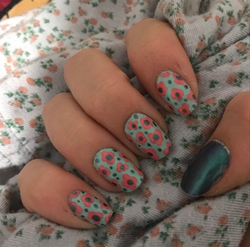 Blue &amp; Salmon Colored Flower Nails