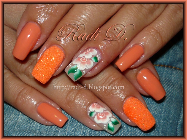 Orange neon glitter and Flowers