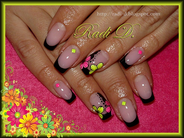 Black French with Neon Flowers &amp; Studs