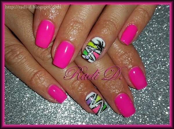 Pink neon gel polish with foil ornaments