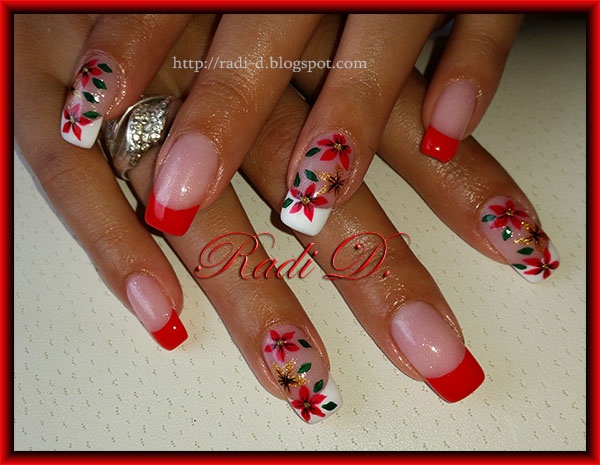 Red french &amp; Flowers with gel polish