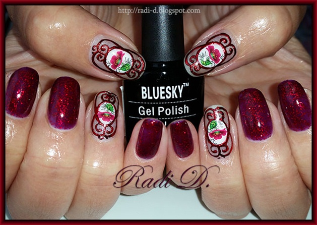 Red glitter with foil ornaments