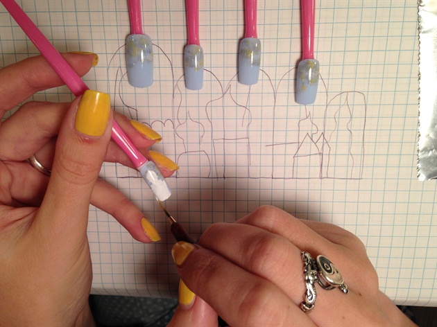 Draw the scheme of future design on paper  and painted it on tips with E.MI gel paint (color Alpine Snow).