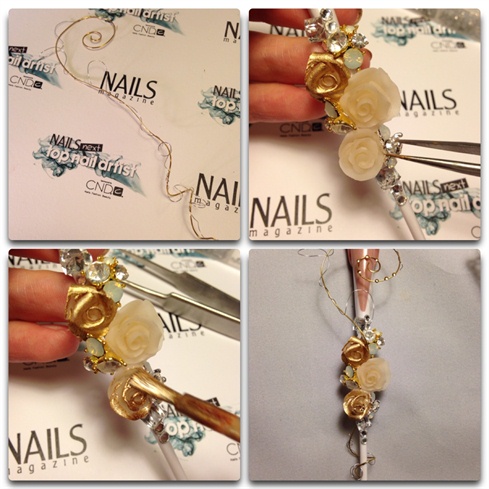 Making imitation of branch with thin and thick wires. Chaotically reeling thin silver wire on a thick golden wire. Attaching prepared roses to the nail  and adding prepared charms and crystals to it.\nPainting roses using golden chrome gel polish.  After that attaching wire branch.