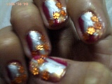 pink and silver w/ flower beads nail art