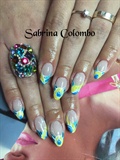 Abstract Blu Yellow Almond Gel Nails