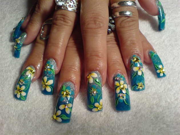 silver and blue with flowers